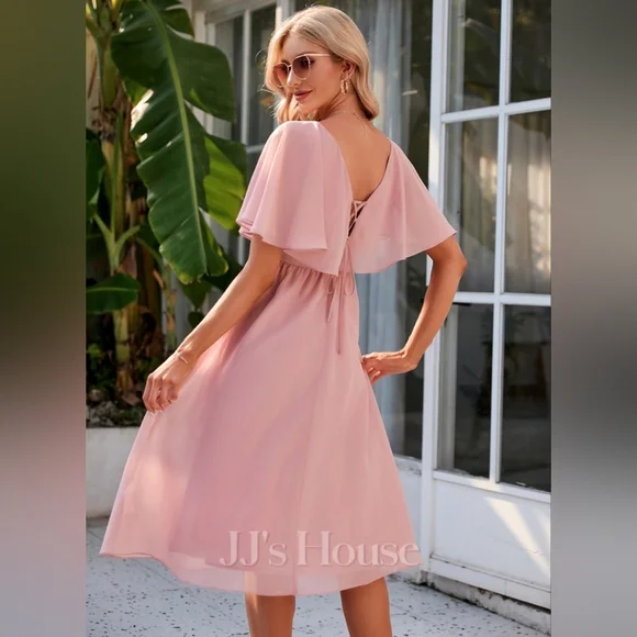 New JJ's House V-Neck Chiffon Lace Up Back Midi Dress in Pink Size Large - Picture 3 of 7